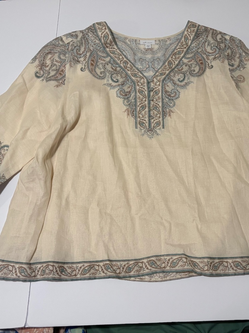 J. Jill Love Linen 100% Linen Paisley Tunic Top Women's 3X Beige Blue Boho Split